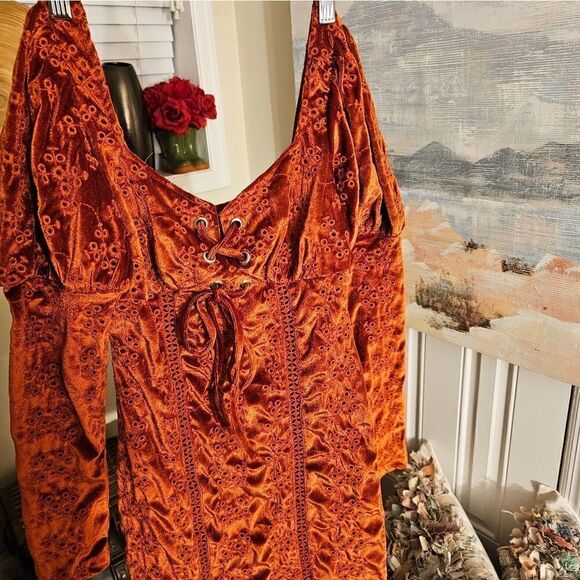Asos Burnt Orange Velour Embroidered See Through Detail Trim Peasant Style Long - Picture 4 of 13